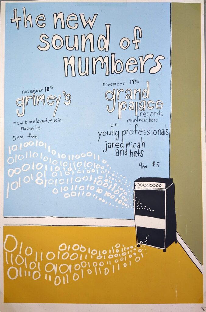 Screenprinted flyer of a stereo in a blue, green, and yellow room. Young Professionals, Jared Micah and Hats. Grand Palace Records. November 17th (year unknown)