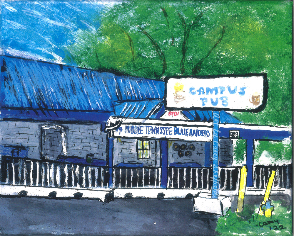 A painting of a blue building and a sign that reads Campus Pub.